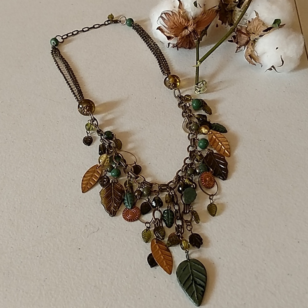 Vintage beaded embellished leaf necklace